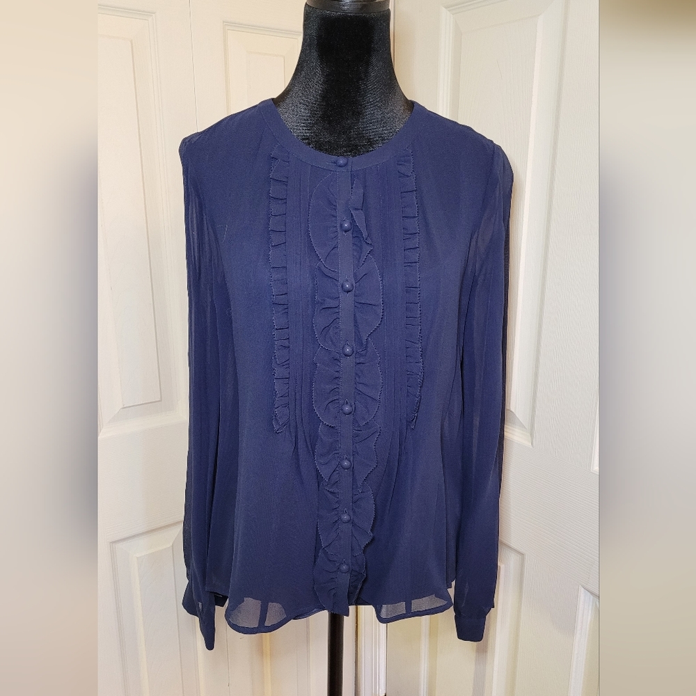 Boden Limited Edition Silk Sheer Collarless Blouse With Cami Navy US 6 UK 10